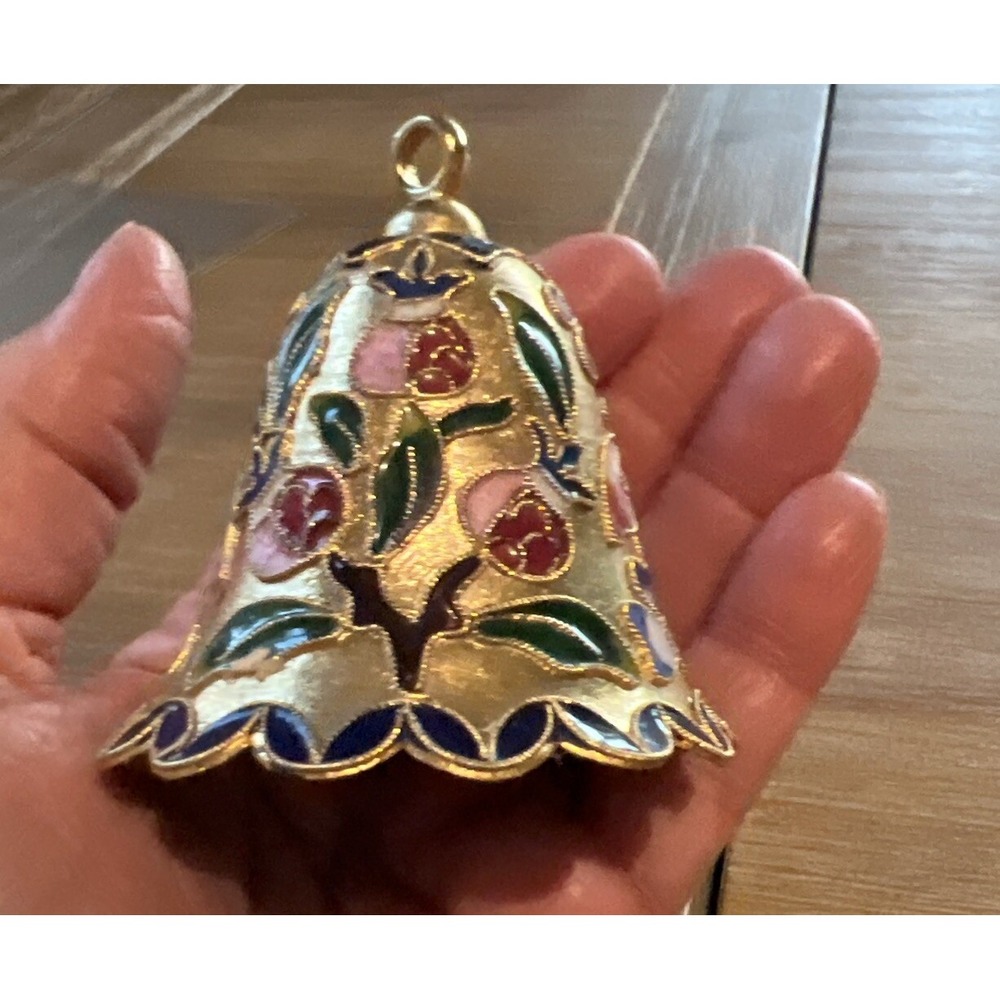 Vintage Cloisonne Bell Ornament Floral Gold Tone Enamel Pink Green Cobalt‎